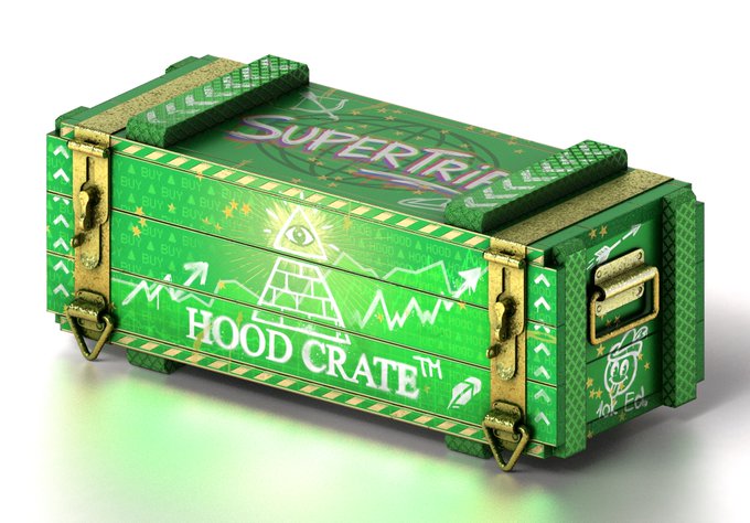 3D rendered green crate labeled 'HOOD CRATE™' and 'SUPERTRIP' decorated with eye-in-pyramid imagery, gold corner brackets, and listed item rarities.