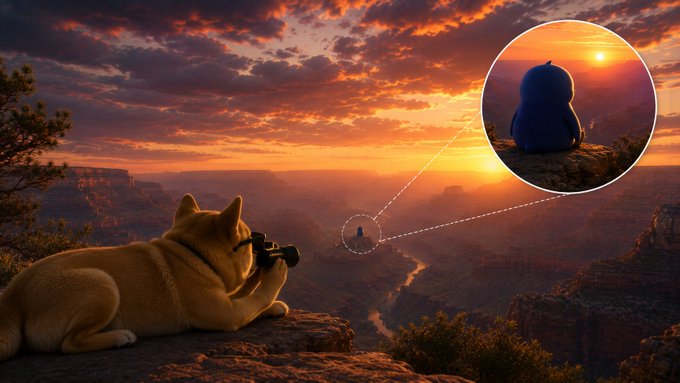 A surreal image of a Shiba Inu dog using binoculars to look at a small blue creature on a distant cliff at sunset, with the creature shown in an inset circle.