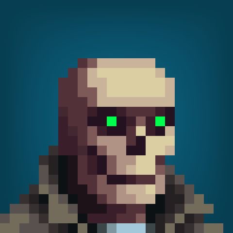 A close-up pixel art portrait of a bearded man with green eyes set against a dark blue background, resembling a retro video game character.