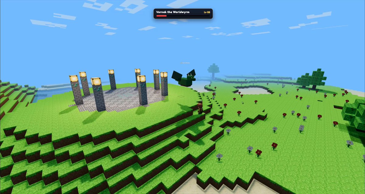 The image shows a Minecraft game scene with a large open field that appears to be a part of a village or town. The sky above has some clouds, adding depth to the scene. In this particular area, there are several buildings scattered throughout the landscape, including a castle and a bridge. A person is standing in front of one of these structures, possibly attending an event or exploring the surroundings.