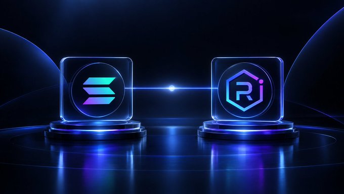 Two glowing neon icons sit on circular pedestals connected by a beam of light, showing the Solana logo on the left and what appears to be a cryptocurrency 'R' logo on the right.
