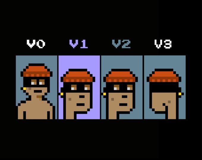 A pixel art character with an orange bandana is shown in four stylistic variations labeled V0, V1, V2, and V3.