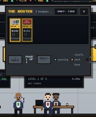 A screenshot from a 2D pixel-art style game shows the "ROSTER" menu displaying two "FIRMA" brokers with a "range of work" of 12-7 and a "paycheck" of $48.5, set against a background of characters at a desk. The image visually supports the post's claim about minting brokers and earning a $48.3 USDG paycheck, with the on-screen values closely matching the figures mentioned.