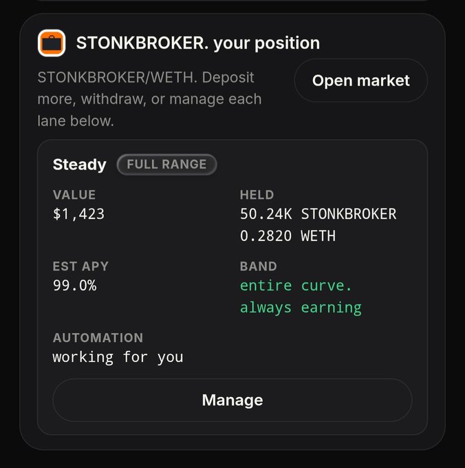 The image shows a DeFi liquidity position interface displaying a "Steady" full range position for the STONKBROKER/WETH pair on what appears to be a decentralized exchange, showing a $1,423 position value with 50.24K STONKBROKER and 0.2820 WETH held, offering a 99.0% estimated APY across the entire curve. This aligns with the post's message about making DeFi simple, as the interface demonstrates how anyone can easily manage a Smart LP position with automated features, contributing to the mentioned 520k in Smart LP total.