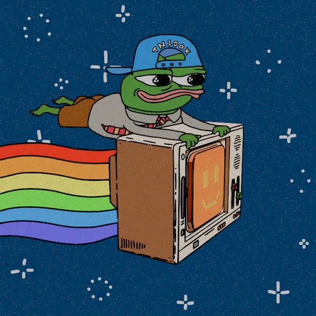 The image shows a classic Pepe the Frog meme character wearing a blue cap that reads "TN100X" and flying through a starry sky while riding atop a retro microwave or TV set trailing a rainbow, symbolizing the upward "to the moon" trajectory of a stock. The caption "$BNKR is next" ties in by suggesting that the cryptocurrency or ticker $BNKR is poised for a similar moonshot rally, following the meme's playful depiction of explosive price gains.