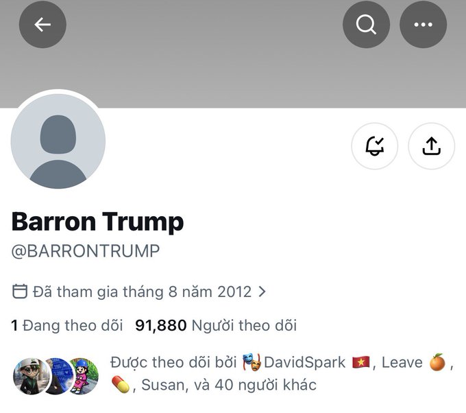 A Twitter/X profile page for Barron Trump (@BARRONTRUMP) showing the account joined August 2012 with 91,880 followers, displayed in Vietnamese.
