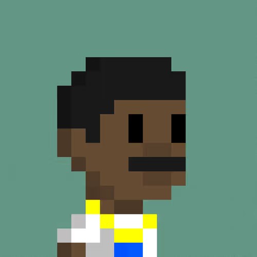 A low-resolution pixel art character with dark skin and short dark hair wearing a white and yellow shirt with a blue accent, set against a solid teal background.