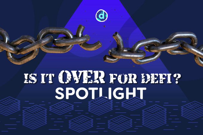 The image features a blue background with chains of varying sizes, some of which have been broken off from their original positions. The text "Is it OVER for DeFI?" is written above the image, indicating that there's an article about DeFi in progress on our blog. The title "Spotlight" suggests this is a spotlight piece or feature related to the topic of DeFi.