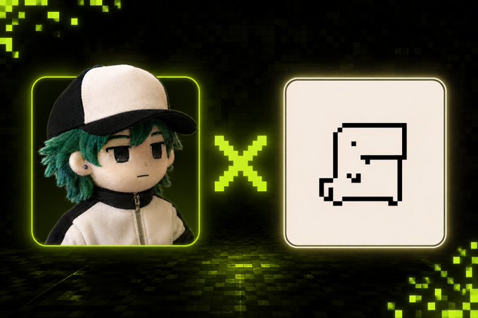 A graphic with a neon green and yellow pixel-art aesthetic showing a plush figure of a green-haired character in a cap on the left, an 'X' in the middle, and a pixelated white face icon on the right.