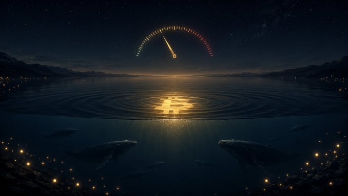 A glowing gauge hovers over a dark ocean where whales swim beneath the surface, with golden light reflecting across the water amid a starry night sky. The image visually echoes the post's theme of quiet accumulation—the calm, sideways market at $63K while whales silently position themselves beneath the surface, unseen by retail traders who have stepped away.