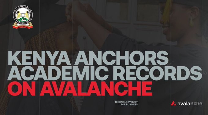 A banner for Moi University Avanza reading 'KENYA ANCHORS ACADEMIC RECORDS ON AVALANCHE' featuring two people in graduation regalia, with the Avalanche logo and 'Technology Built For Business' tagline.