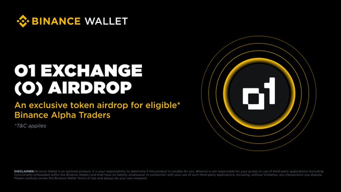 The image showcases a promotional advertisement for Binance Wallet, which features an eye-catching logo with yellow and black colors. The main focus of the image is the white "0" symbol surrounded by a vibrant circle of three yellow lines within a larger black circle. This design draws attention to the "01 exchange (o) (airdrop)" feature offered by the wallet service.
