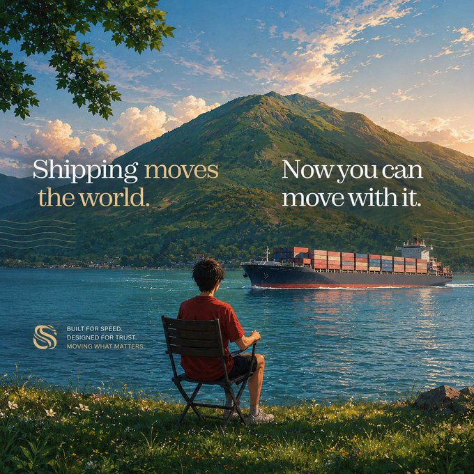 A young man sits in a folding chair on a grassy shore, watching a large container ship sail across a calm bay framed by mountains, with the tagline "Shipping moves the world. Now you can move with it." and the Ethra brand mark accompanied by the words "BUILT FOR SPEED. DESIGNED FOR TRUST. MOVING WHAT MATTERS."

The image visually echoes the post's message by pairing a serene, contemplative scene of global shipping with Ethra's promise of trust and movement—suggesting the project builds on real-world maritime trade rather than trying to replace the shipping industry outright.