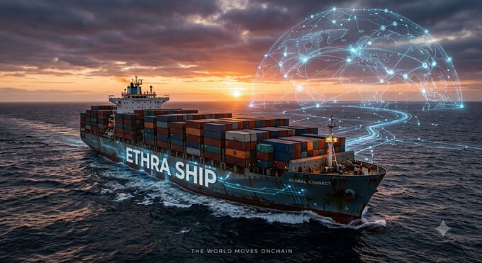 A promotional image depicts a large container ship sailing on the ocean at sunset, overlaid with a glowing digital globe and the text 'ETHRA SHIP' and 'THE WORLD MOVES ONCHAIN'.