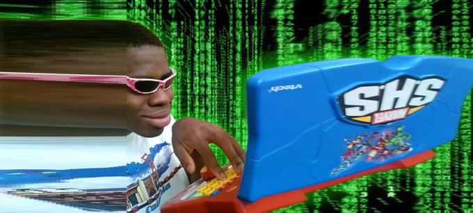 A surreal image of a man with a distorted face playing a blue arcade game cabinet with 'SHS' on it, set against a green 'Matrix'-style digital rain background.