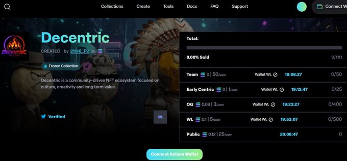 A webpage for the "Decentric" NFT collection created by 2Y4K_P2 on what appears to be a Solana marketplace, showing mint phases (Team, Early Centric, OG, WL, Public) with prices in SOL and timestamps.
