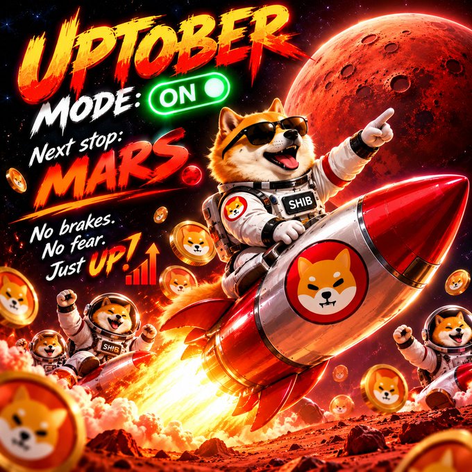 A vibrant promotional graphic titled 'UPTOBER MODE: ON' with the tagline 'Next stop: MARS - No brakes. No fear. Just UP!' features a Shiba Inu dog in an astronaut suit riding a rocket surrounded by SHIB coins against a red planet backdrop.