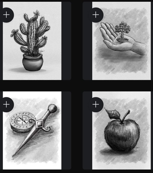Grid of four black-and-white pencil drawings, depicting a cactus in a pot, a hand holding a small tree, a compass with a sword, and an apple, each with a '+' icon in the corner.