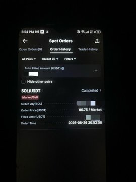 A screenshot of a cryptocurrency trading app showing the 'Spot Orders' section with 'Order History' selected. A SOL/USDT market sell order is displayed as completed, with an order quantity of 98.75 and timestamp of 2026-08-20.