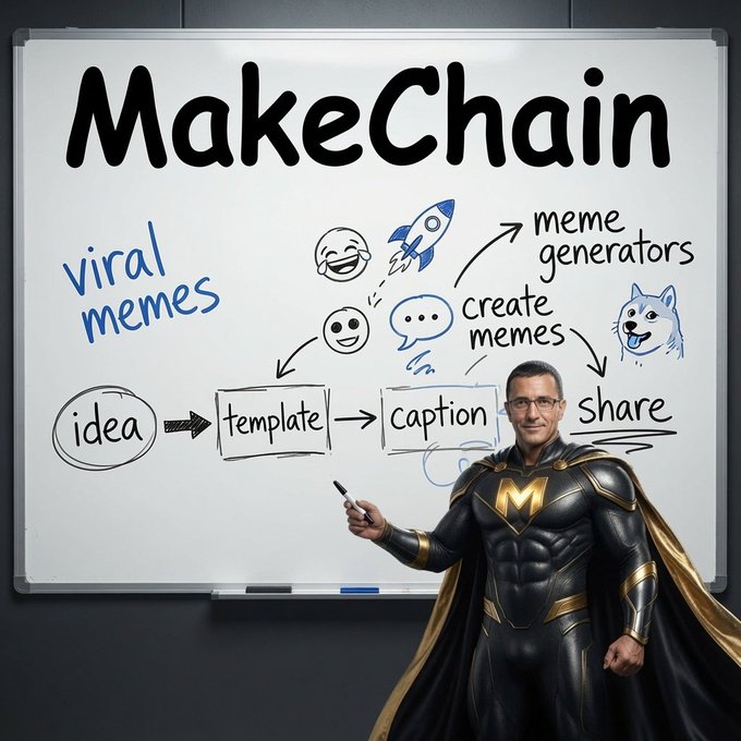 A man dressed as a superhero stands in front of a whiteboard displaying "MakeChain" along with a flowchart illustrating the meme creation process (idea → template → caption → create memes → share), emphasizing viral memes and meme generators. The image visually reinforces the post's excitement about MakeChain's potential and the upcoming meme launch.