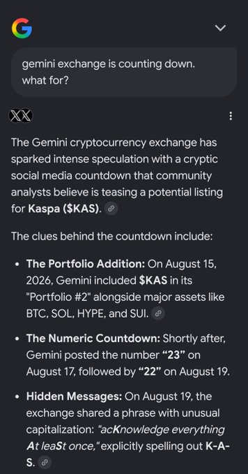 A Google search response displays a user's query about a Gemini cryptocurrency exchange countdown, with the AI-generated answer explaining speculation that the countdown teases a potential Kaspa ($KAS) listing, citing portfolio additions, numeric countdowns, and hidden messages spelling "K-A-S."