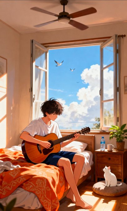 An anime-style illustration shows a young man playing an acoustic guitar while sitting on a bed in a sunlit room with an open window, accompanied by a white cat nearby.

The peaceful, leisurely scene contrasts with the post's message about quantum computing efficiency, creating an ironic juxtaposition between a relaxed moment of idleness and the concept of utilizing unused computational resources.
