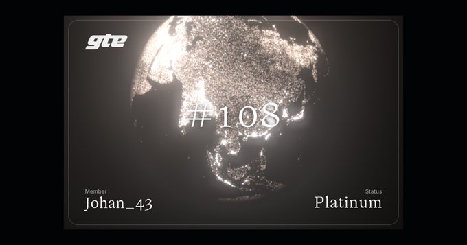 A digital membership card displaying a glowing earth globe, with 'gta' logo, member name 'Johan_43', status 'Platinum', and the number '#108'.