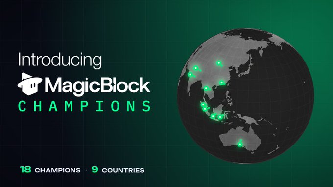 A promotional graphic announcing MagicBlock Champions, featuring a globe highlighting nine countries with glowing green markers across Asia and Australia, alongside text reading "Introducing MagicBlock CHAMPIONS," "18 CHAMPIONS," and "9 COUNTRIES" on a dark green background, visually representing the global ambassador program mentioned in the post.