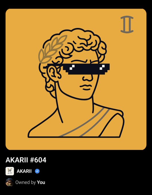 An NFT profile titled "AKARII #604" showing a stylized illustration of a classical bust with a laurel wreath wearing pixelated "deal with it" sunglasses, marked as "Owned by You."