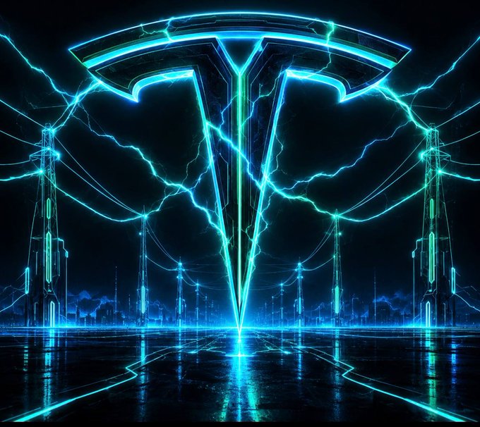 A futuristic digital artwork featuring a glowing blue/cyan stylized emblem or sigil with electric lightning effects against a dark background, with neon-lit towers and reflective surfaces.