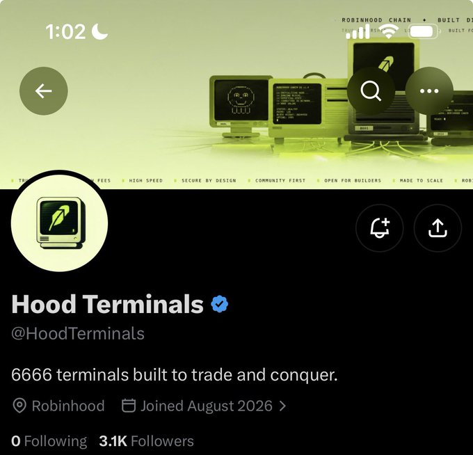 A Twitter/X profile page for "Hood Terminals" (@HoodTerminals) showing a green and black retro-terminal aesthetic with the tagline "6666 terminals built to trade and conquer," 3.1K followers, and 0 following—matching the post's promotion of free mint spots to raffle. The profile features marketing tags like "ROBINHOOD CHAIN," "BUILT FOR BUILDERS," "HIGH SPEED," and "SECURE BY DESIGN," reinforcing the trading-themed terminal branding referenced in the tweet.