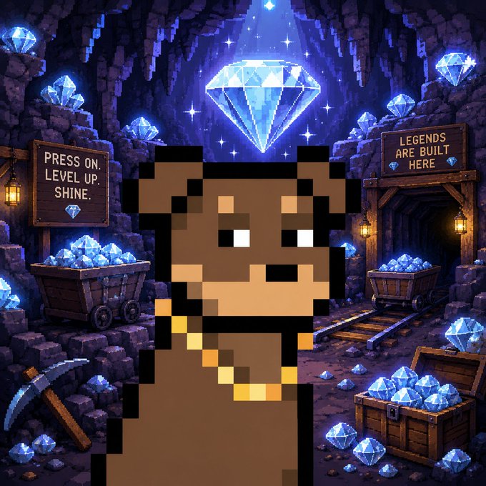 A digital illustration features a pixel-art character with a gold chain standing in a crystal-filled mine, with wooden signs reading 'PRESS ON. LEVEL UP. SHINE.' and 'LEGENDS ARE BUILT HERE.'
