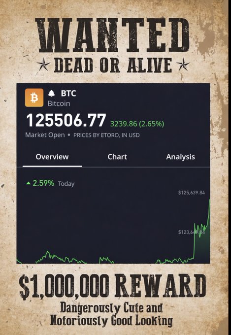 A 'WANTED DEAD OR ALIVE' style poster styled like an old western bounty notice, showing a Bitcoin (BTC) price chart at $125,506.77 with a '$1,000,000 REWARD' for being 'Dangerously Cute and Notoriously Good Looking'.