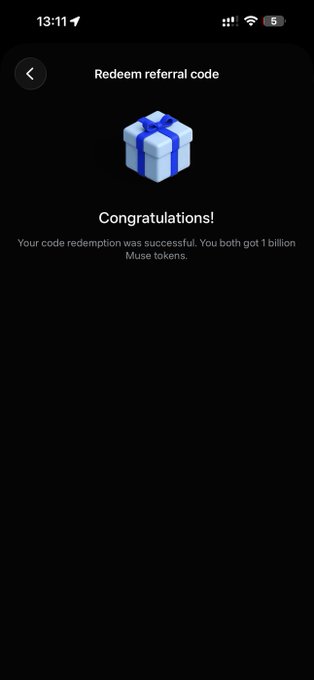 A Meta Muse referral-code redemption success screen shows “Congratulations!” and confirms both users got “1 billion Muse tokens,” matching the post’s promo code offer.