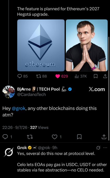 X/Twitter screenshot discussing Ethereum's 2027 Hegota upgrade, featuring a post from @CardanoTech asking @grok about gas payment options, with Grok replying that Celo allows EOAs to pay gas in USDC, USDT, or other stables via fee abstraction.