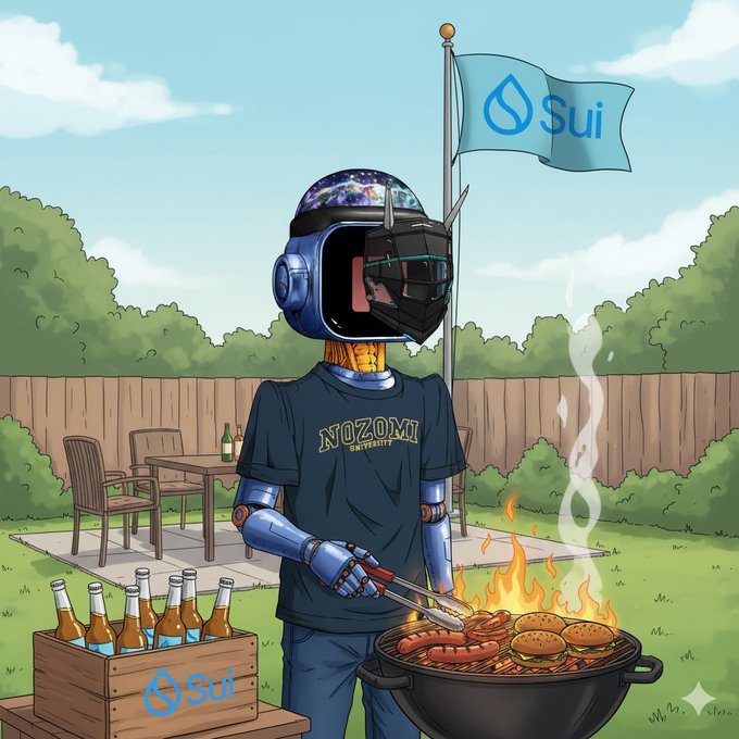 A cartoon illustration of a robotic figure wearing a 'NOZOMI UNIVERSITY' t-shirt grilling food at a backyard barbecue, with a Sui flag and a crate of beer bottles.