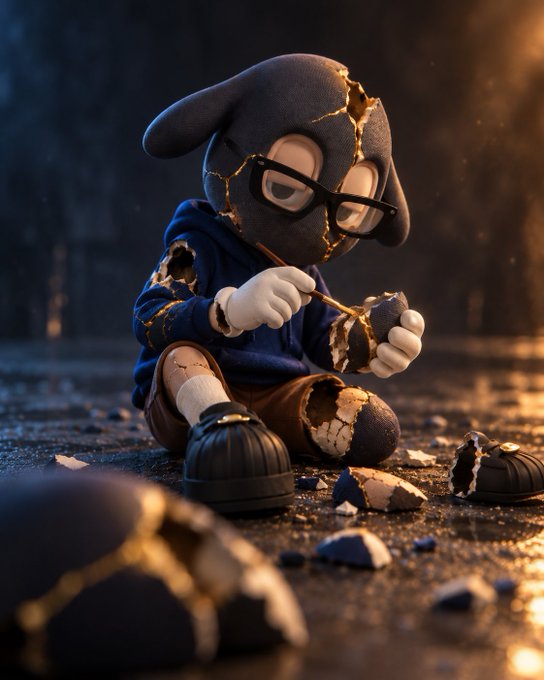 A cracked and damaged plush toy with glasses sitting on the ground, holding a small stick and appearing to repair itself with golden kintsugi-like veins.
