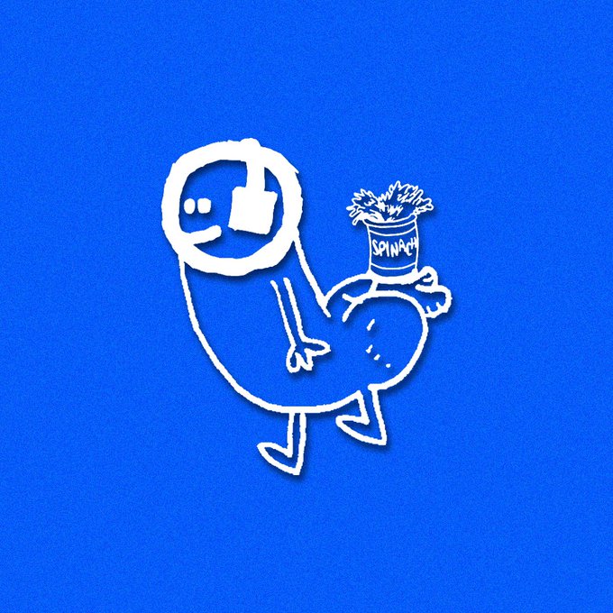 A simple white line drawing on a blue background depicting a smiling figure holding up a can labeled 'SPINACH' with leaves sprouting from the top.