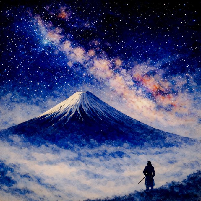A fantasy landscape painting showing a lone samurai standing in mist below Mount Fuji, with a brilliant, colorful Milky Way galaxy filling the night sky above.