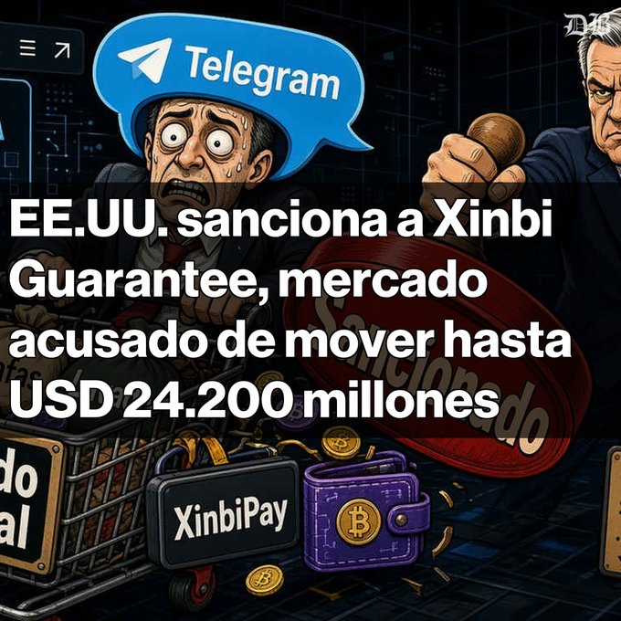 A graphic illustration with the Telegram logo shows a sweating man with the Spanish text 'EE.UU. sanciona a Xinbi Guarantee, mercado acusado de mover hasta USD 24.200 millones' and 'XinbiPay'.