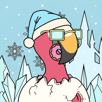 Cartoon illustration of a pink flamingo wearing a blue Santa hat and yellow glasses against a winter background with snowflakes and ice crystals.