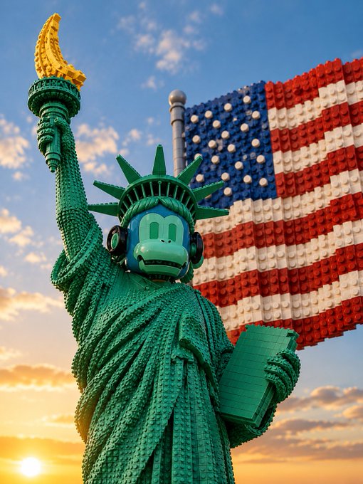 A Lego-built Statue of Liberty featuring a cartoon monkey face wearing headphones holds a green book in front of a large Lego American flag at sunset.