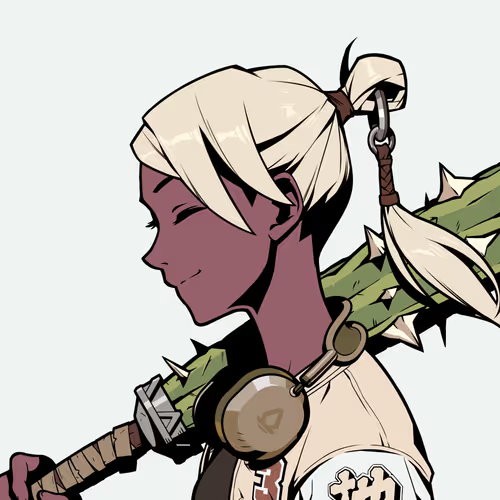 An anime character with blonde hair tied back, shown in profile with a small smile, carrying a spiked green club-like weapon on their shoulder and wearing a medallion.