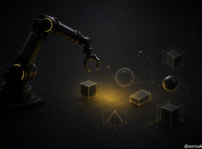 Dark digital art featuring a black and yellow robotic arm reaching for a glowing wireframe cube and sphere among other geometric shapes on a grid, with the handle '@sonsak' in the corner.