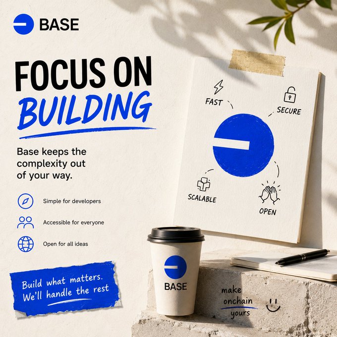 A Base promotional graphic featuring the slogan 'FOCUS ON BUILDING' with features like 'FAST', 'SECURE', 'SCALABLE', and 'OPEN', alongside a coffee cup and a notebook labeled 'make onchain yours'.