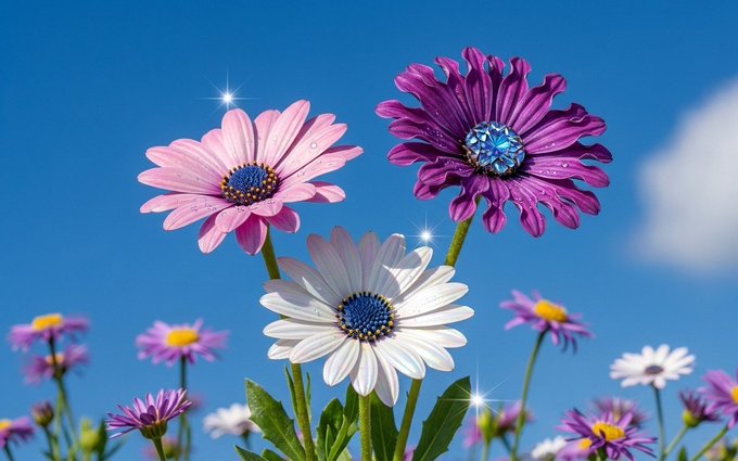 Pink, purple, and white daisies blooming under a bright blue sky with sparkling lens-flare highlights.