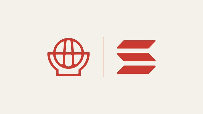 The image features a red icon of a globe within a basket-like structure on the left, separated by a vertical line from three stacked red chevron arrows on the right, resembling a stylized "E" or motion symbol—likely representing the Internet Court logo alongside a commerce/transaction symbol, visually echoing the post's mention of Solana joining the Internet Court consortium for agentic commerce.