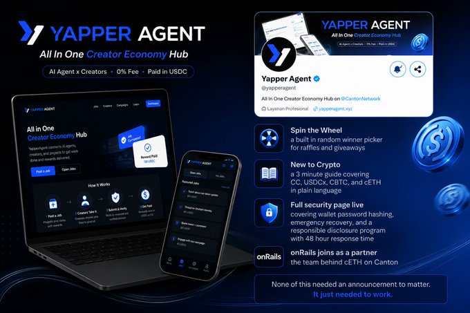 A promotional image for 'YAPPER AGENT,' an 'All In One Creator Economy Hub' with 0% fees, paid in USDC, featuring a laptop and phone displaying the platform, plus a X/Twitter post and feature highlights like 'Spin the Wheel' and 'New to Crypto.'