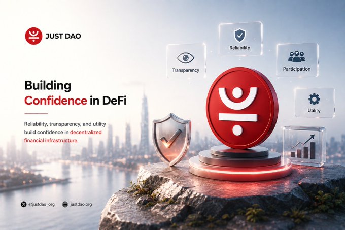 JUST DAO promotional graphic titled 'Building Confidence in DeFi', showing the red coin logo on a rocky outcrop with a city skyline backdrop, accompanied by icons for Reliability, Transparency, Participation, and Utility.