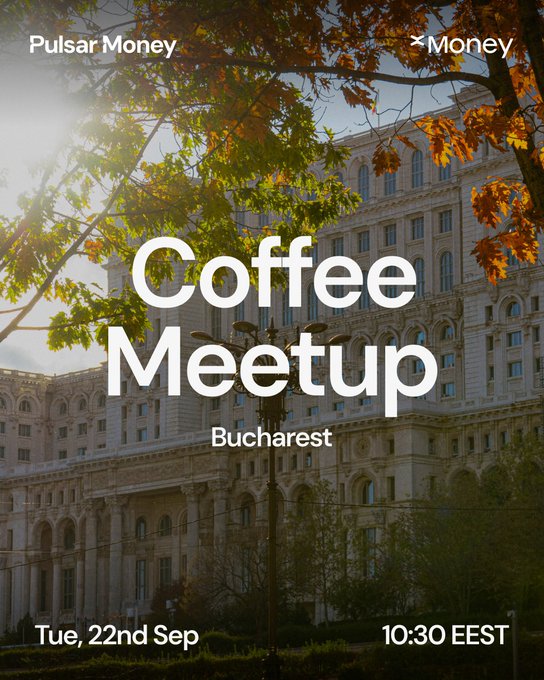 A promotional graphic for a "Coffee Meetup" event hosted in Bucharest on Tuesday, September 22nd at 10:30 EEST, featuring the Pulsar Money and xMoney logos over an image of the Palace of Parliament framed by autumn leaves. The post invites the community to join the morning gathering for conversations about the future of card payments, complementing the event's branding and details shown in the image.